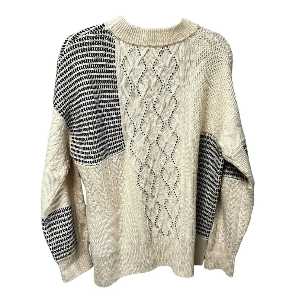 La Ligne Merino Wool Cream Navy Patchwork Crewneck Knit Sweater Womens Large